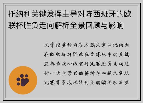 托纳利关键发挥主导对阵西班牙的欧联杯胜负走向解析全景回顾与影响 托纳利关键发挥主导对阵西班牙的欧联杯胜负走向解析全景回顾与影响