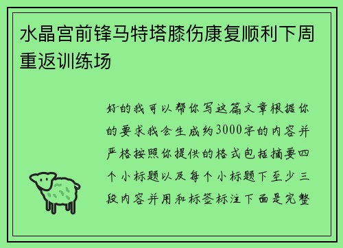 水晶宫前锋马特塔膝伤康复顺利下周重返训练场